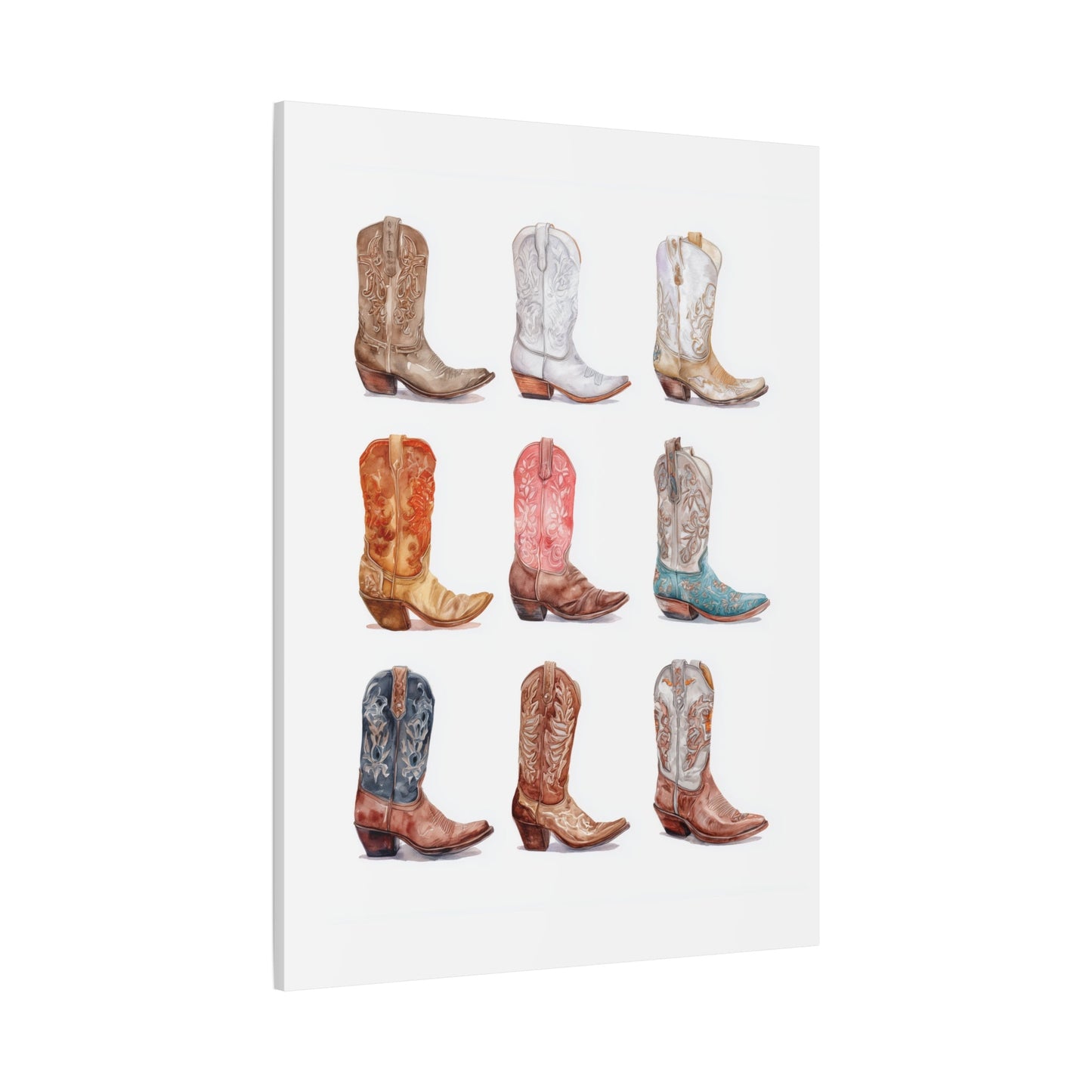 Cowgirl Boots Watercolor Canvas — scale view showing canvas in bedroom