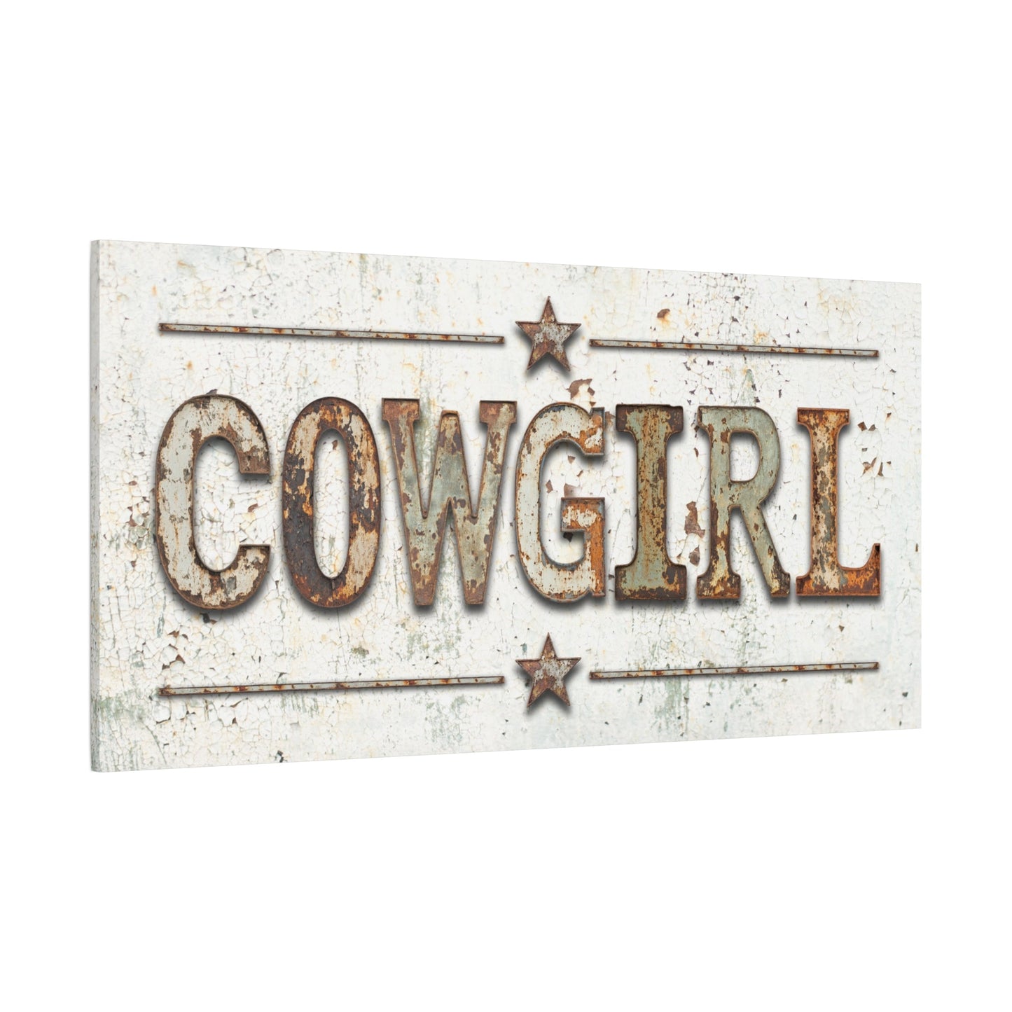 Cowgirl Rusted Metal Canvas Art — angled view showing weathered metalwork texture and cowgirl design