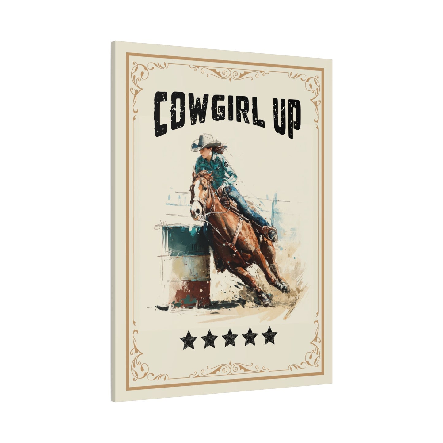 Cowgirl Up Vintage Western Canvas — scale view showing canvas in living space