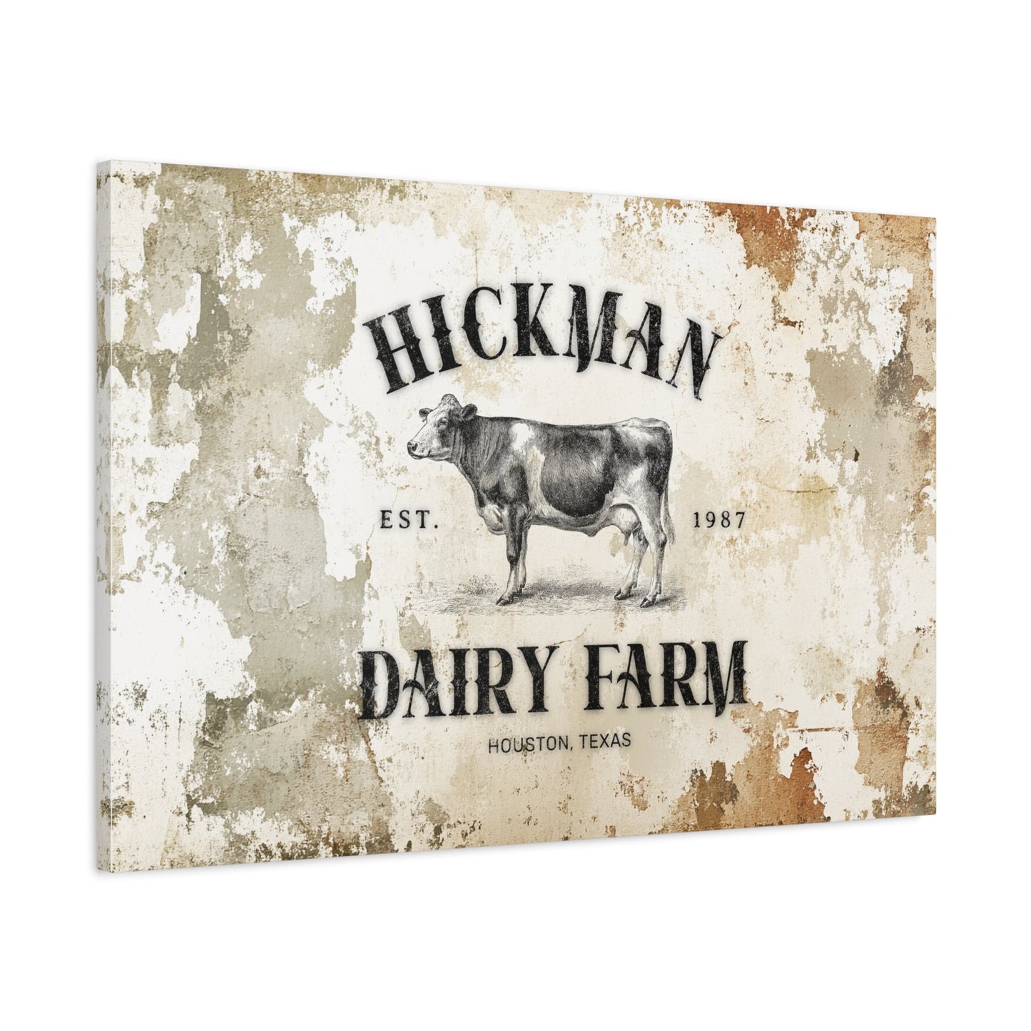 Custom Dairy Farm Heritage Canvas — angled view showing personalized farm name and established year