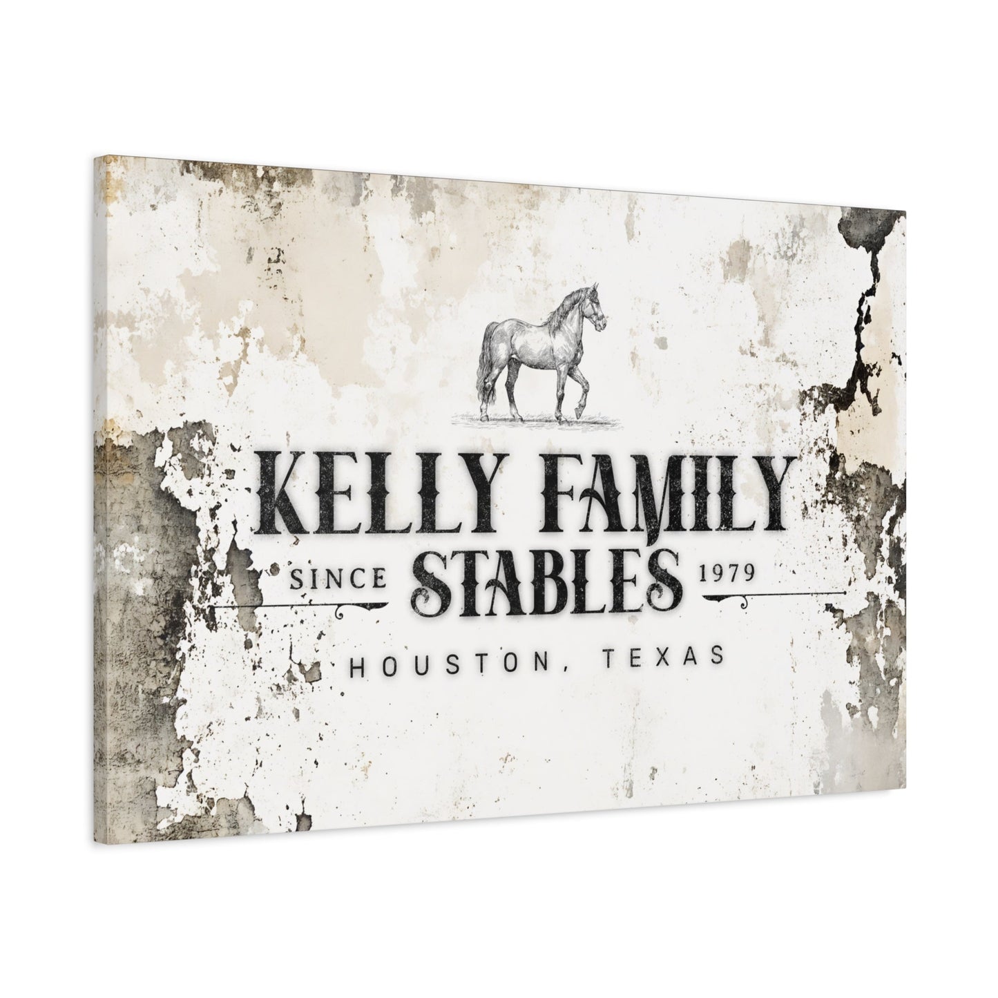 Custom Family Stables Heritage Canvas — angled view showing personalized family name and location