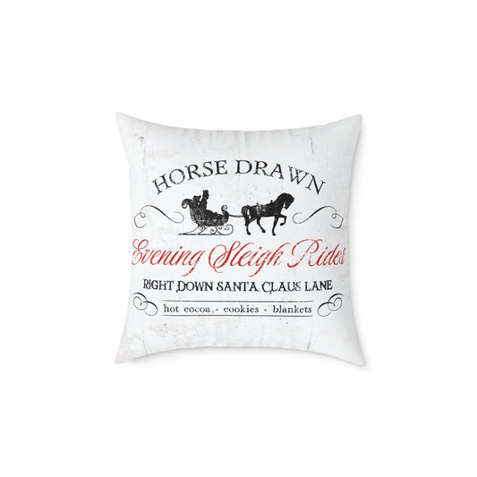 Evening sleigh rides canvas pillow with vintage horse-drawn sleigh and elegant script for farmhouse winter holiday decor