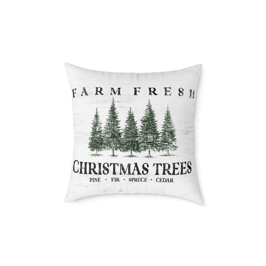 Farm fresh Christmas trees canvas pillow with evergreen pines in holiday green for farmhouse decor