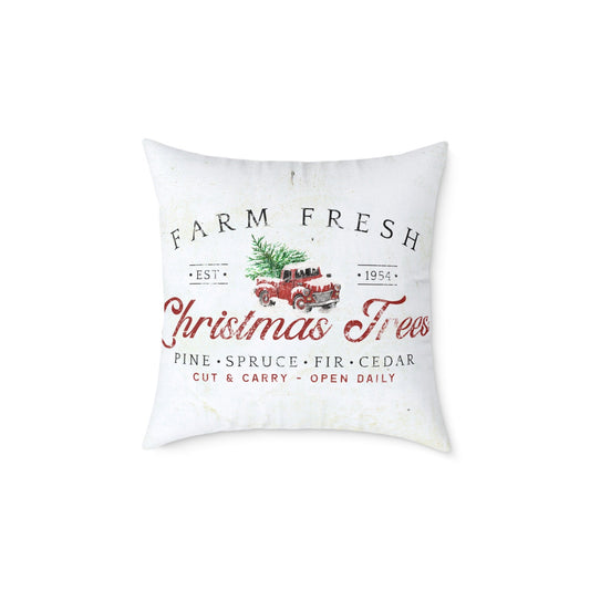 Farm fresh Christmas trees canvas pillow with vintage red truck hauling evergreen tree for farmhouse holiday decor
