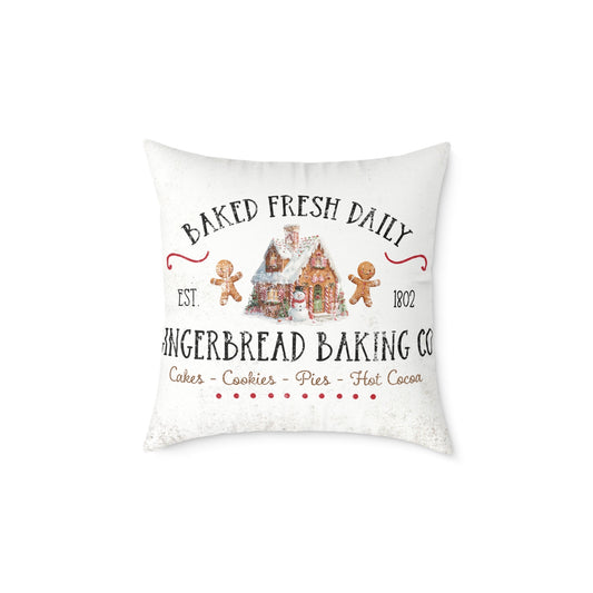 Gingerbread Co vintage canvas pillow with gingerbread cottage and cookie characters for farmhouse Christmas kitchen decor