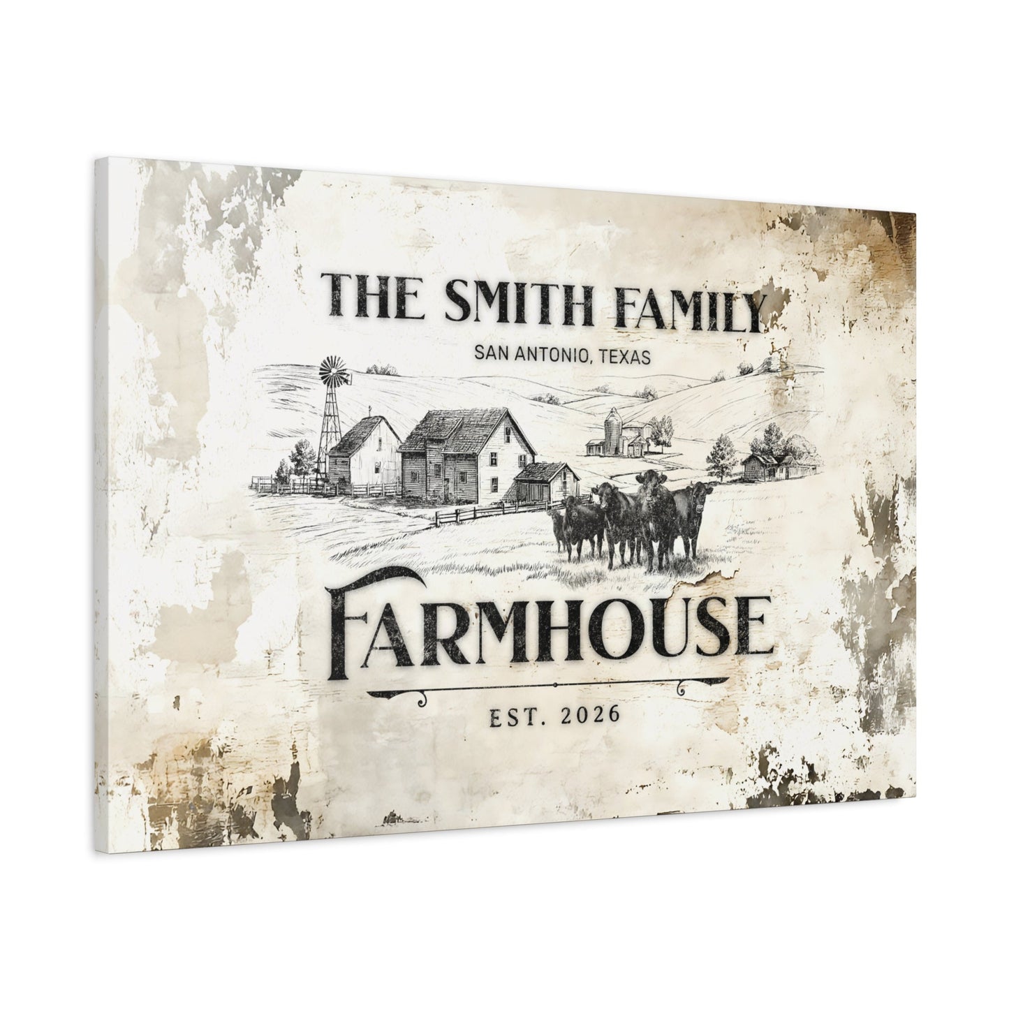 Heritage Farmhouse Family Canvas — angled view showing customizable family name, location, and established year