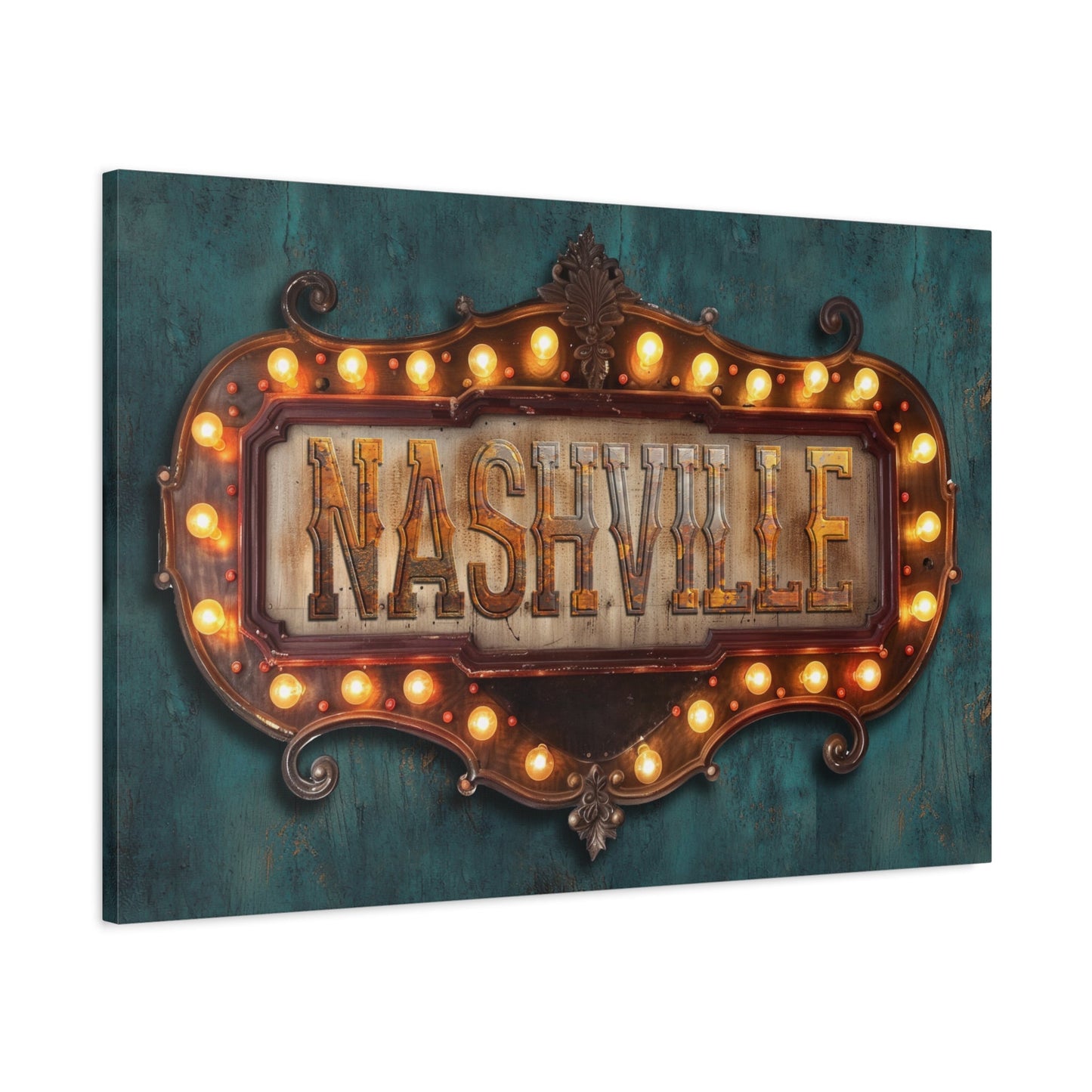 Nashville Marquee Canvas Wall Art — angled view showing marquee lettering and bulb accents