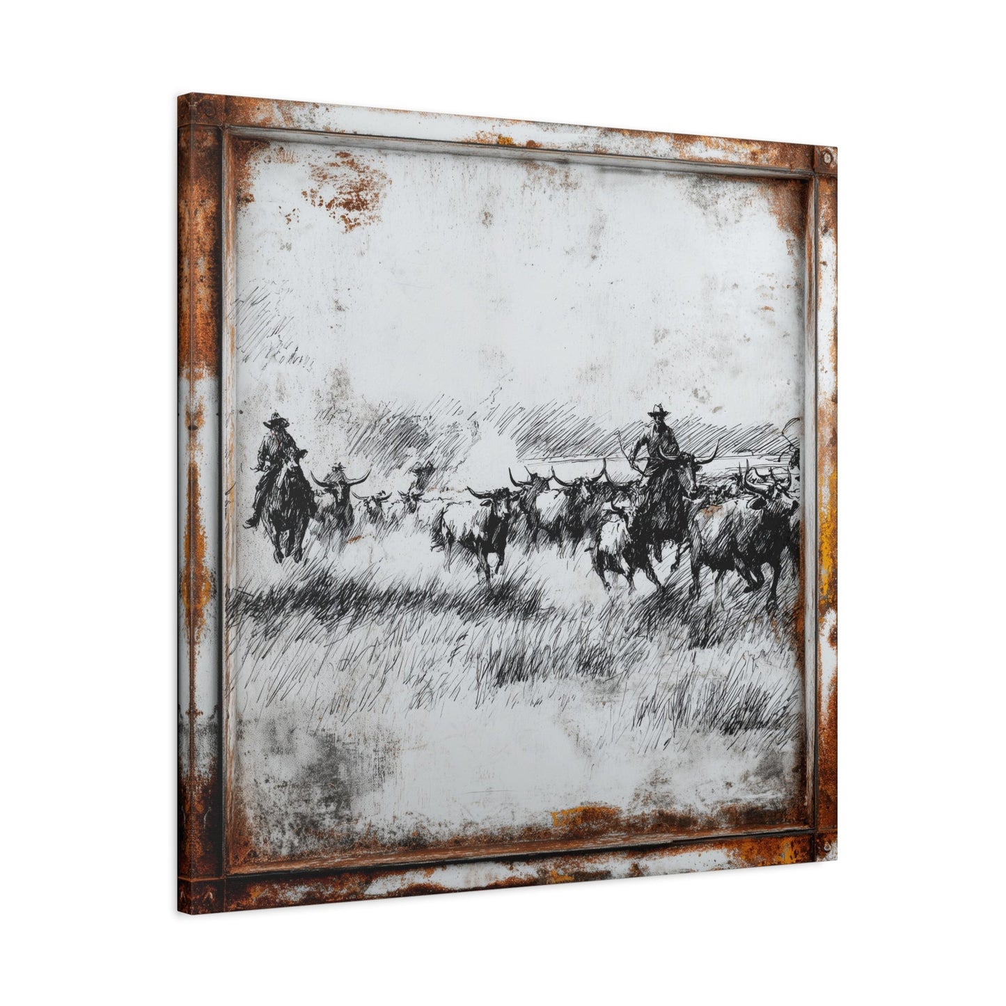 Ranchers Pen and Ink Western Canvas — wide framed view in ranch office