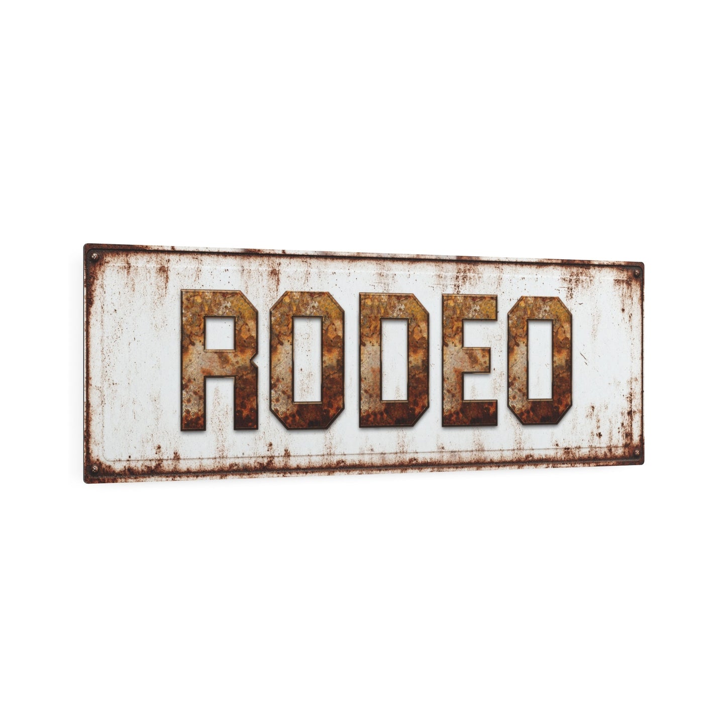 Rodeo Vintage Farmhouse Metal Sign — angled view showing weathered patina finish