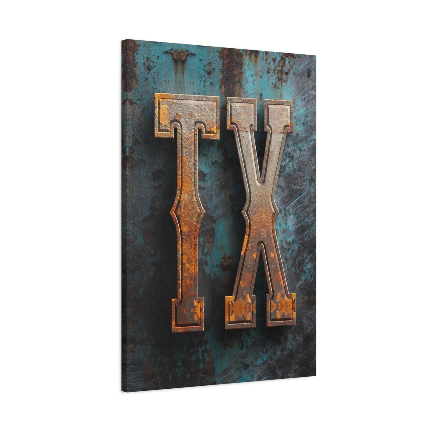 Custom State Vintage Typography Canvas — angled view showing weathered metalwork texture and personalized initials