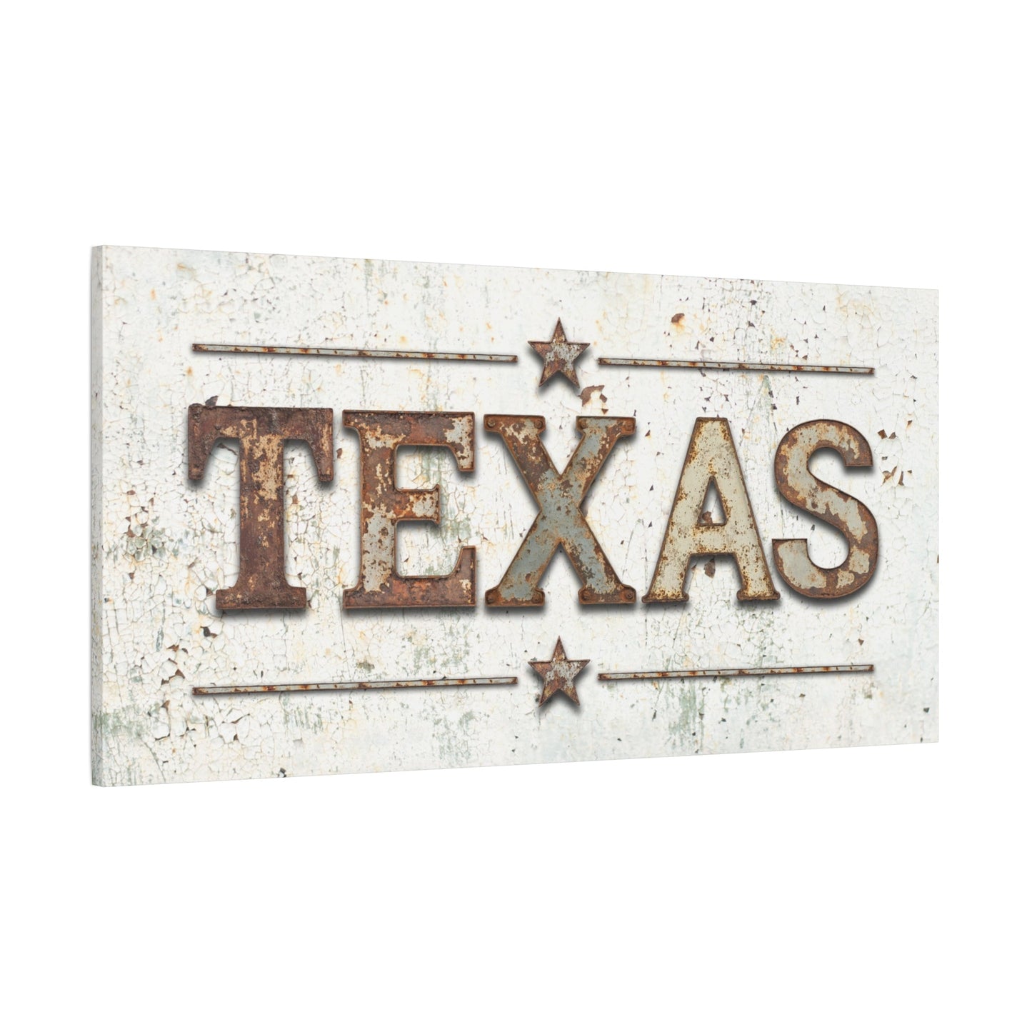 Custom Rusted Metal Canvas Art — angled view showing distressed metalwork texture and custom typography