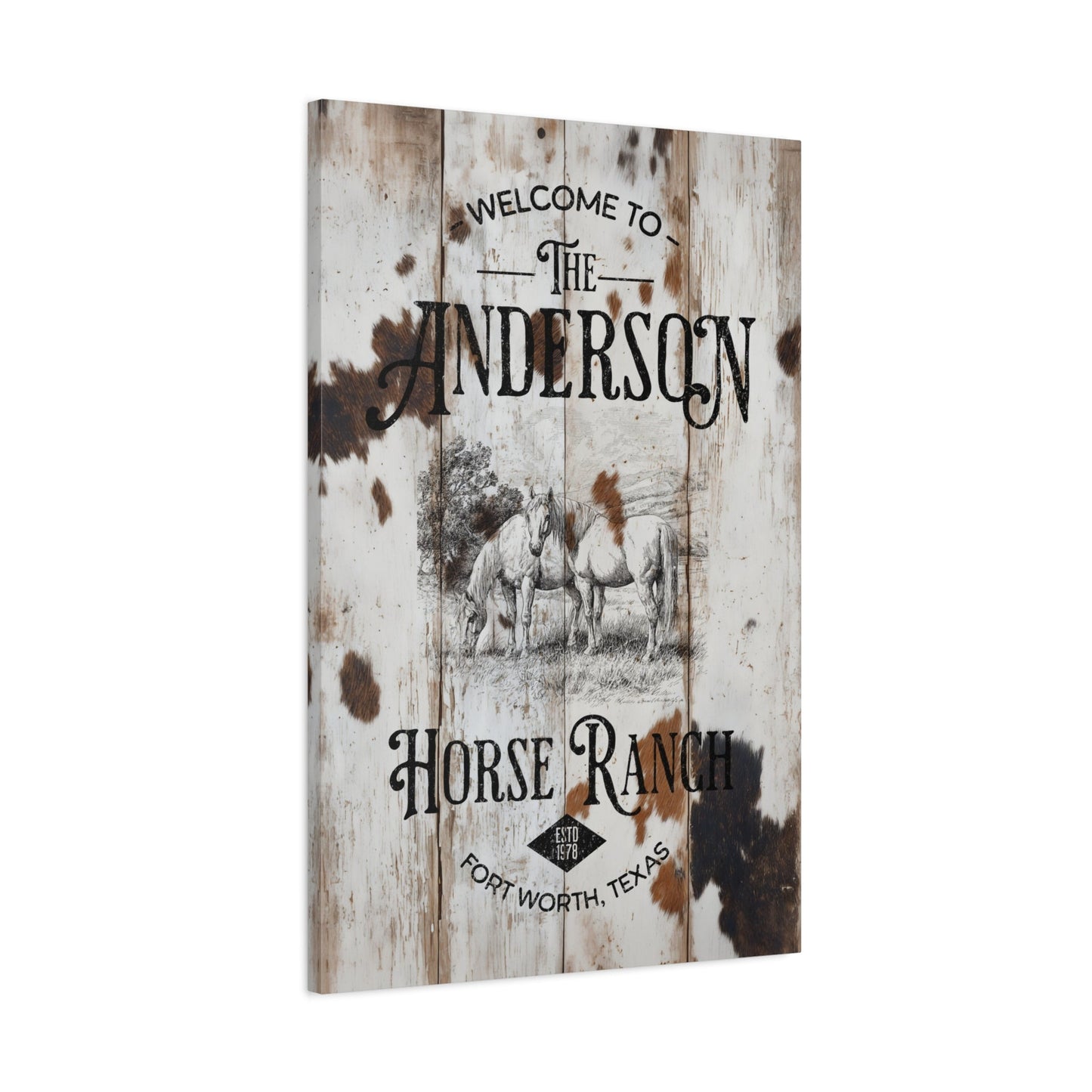 Welcome to the Ranch Personalized Horse Canvas — angled view showing personalized family name and location