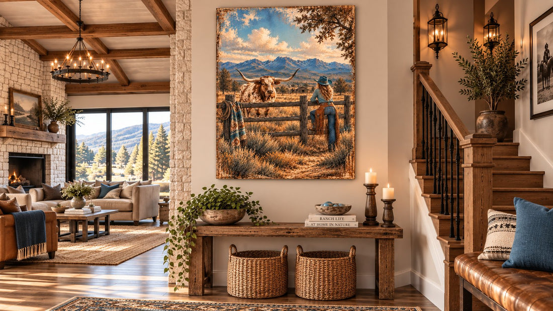 Across the Fence Line canvas wall art hanging in a ranch entry — a cowgirl and a longhorn meeting at the fence, with a stone fireplace and mountain view beyond