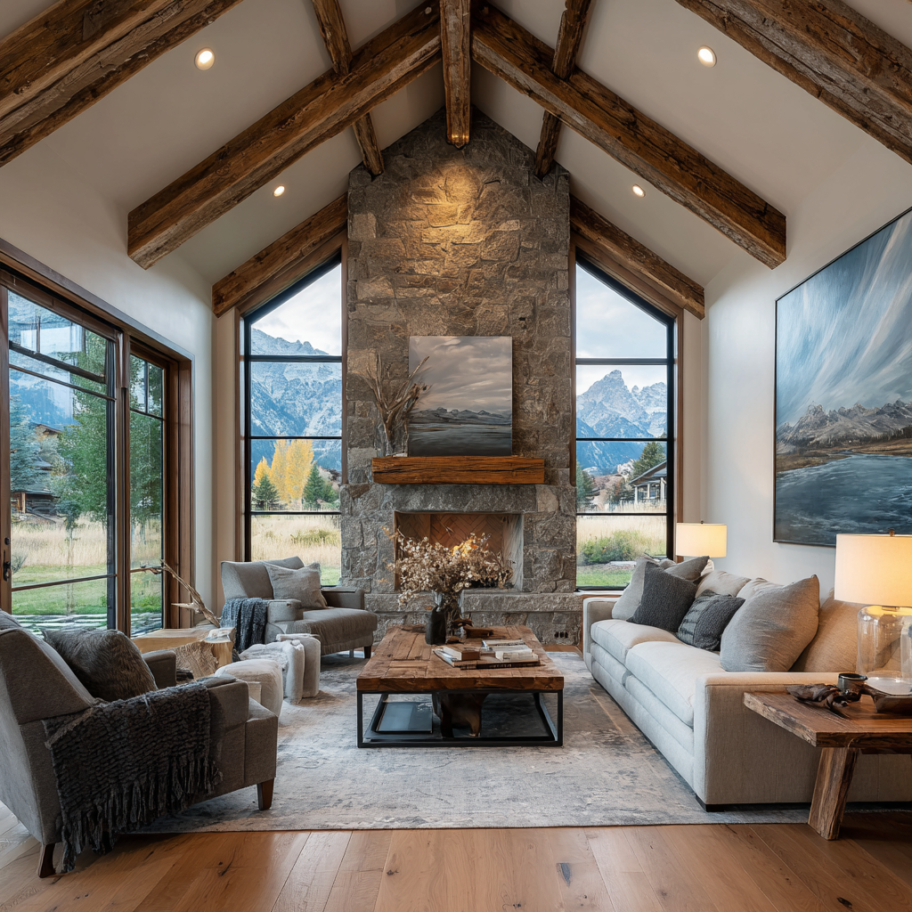 A living room with vaulted ceilings, wood beams, and modern furntiure.
