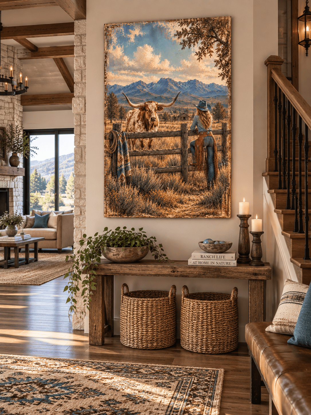 Across the Fence Line canvas — turquoise-clad cowgirl and longhorn meeting at a ranch fence beneath a mountain sky