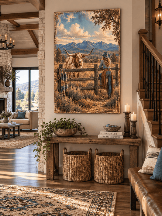 Across the Fence Line canvas — turquoise-clad cowgirl and longhorn meeting at a ranch fence beneath a mountain sky