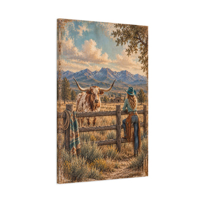 Across the Fence Line canvas — angled view showing painterly texture and turquoise accents