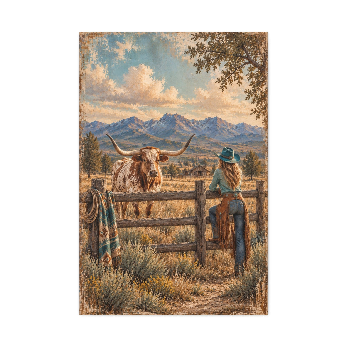 Across the Fence Line canvas — cowgirl and longhorn in sun-washed grasses and sage, shown in a ranch interior
