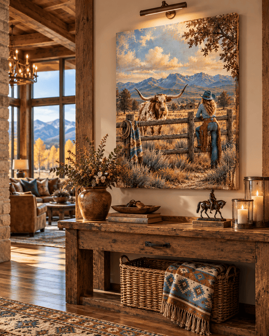 Across the Fence Line — Cowgirl & Longhorn Canvas Wall Art - Cowgirl Home & Ranch