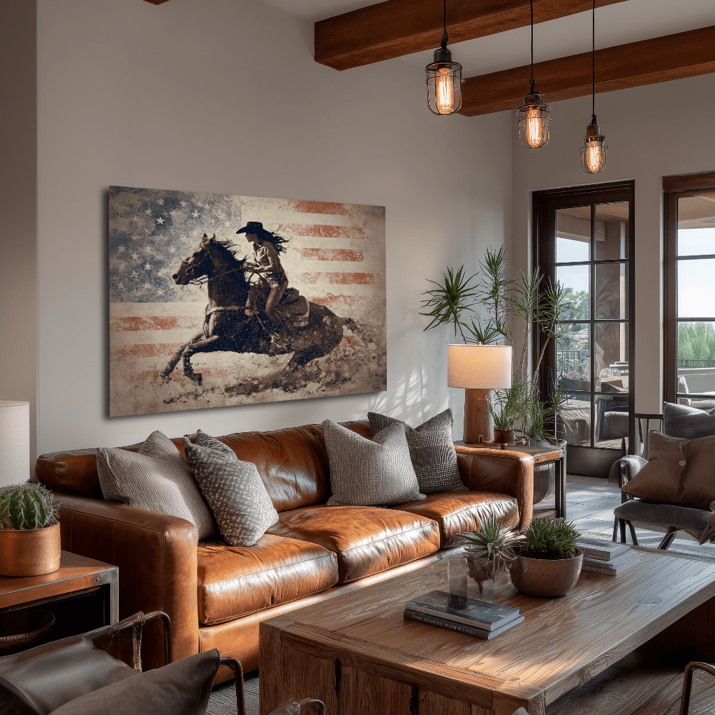 American Cowgirl canvas hanging in a western ranch home