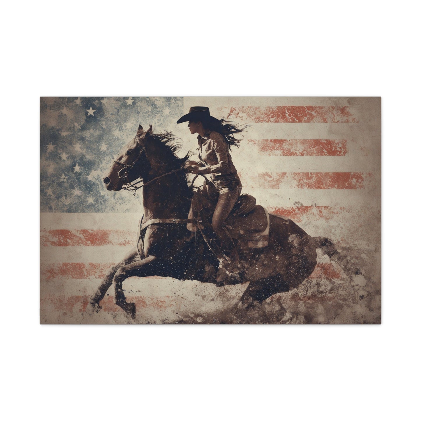 American Cowgirl canvas — bold cowgirl rider on weathered American flag, front view