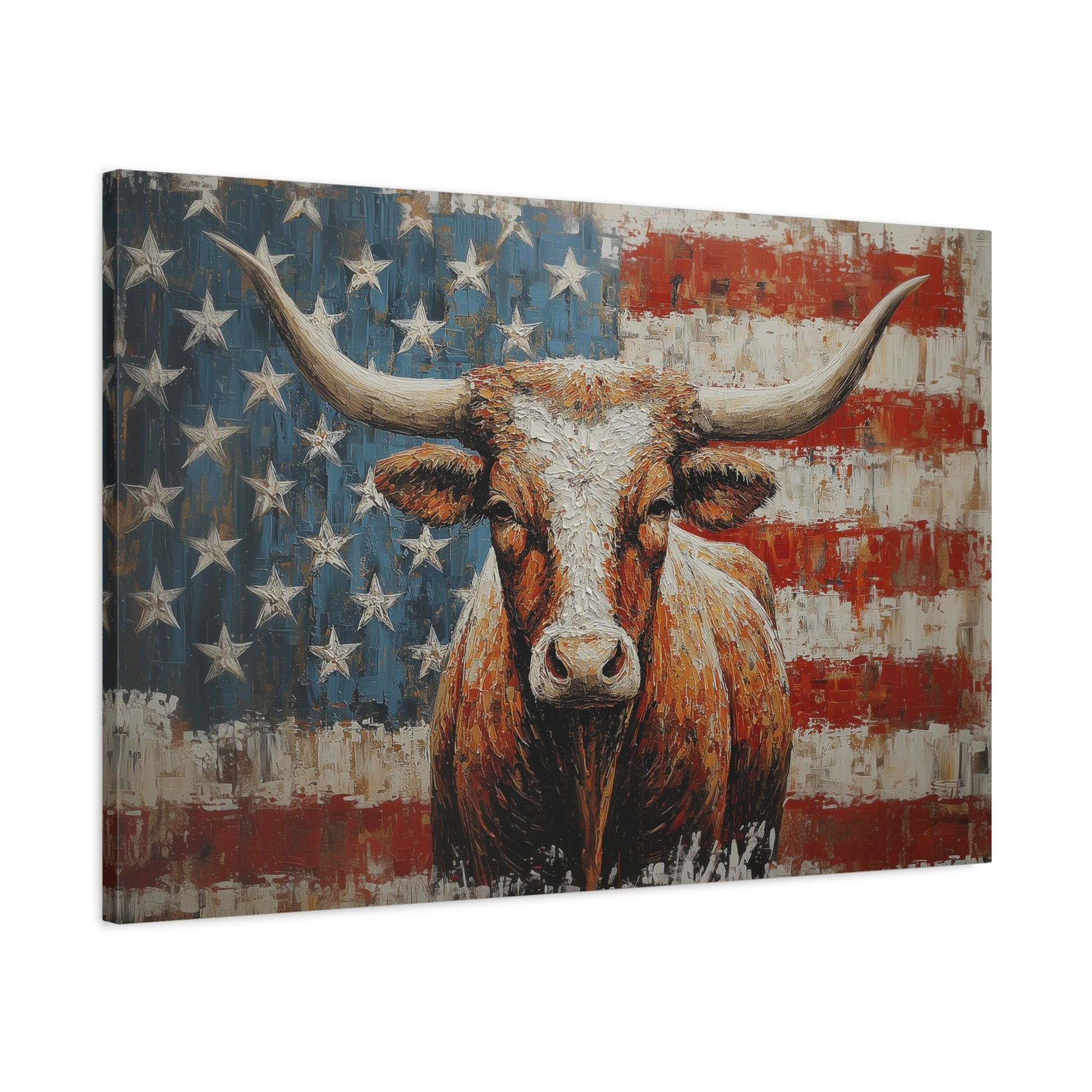 American Longhorn canvas — angled view showing distressed texture and patriotic accents