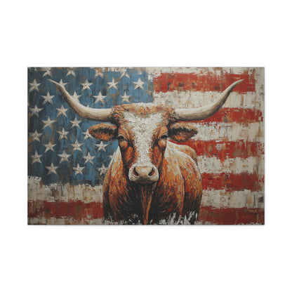 American Longhorn canvas — patriotic longhorn on American flag backdrop, front view