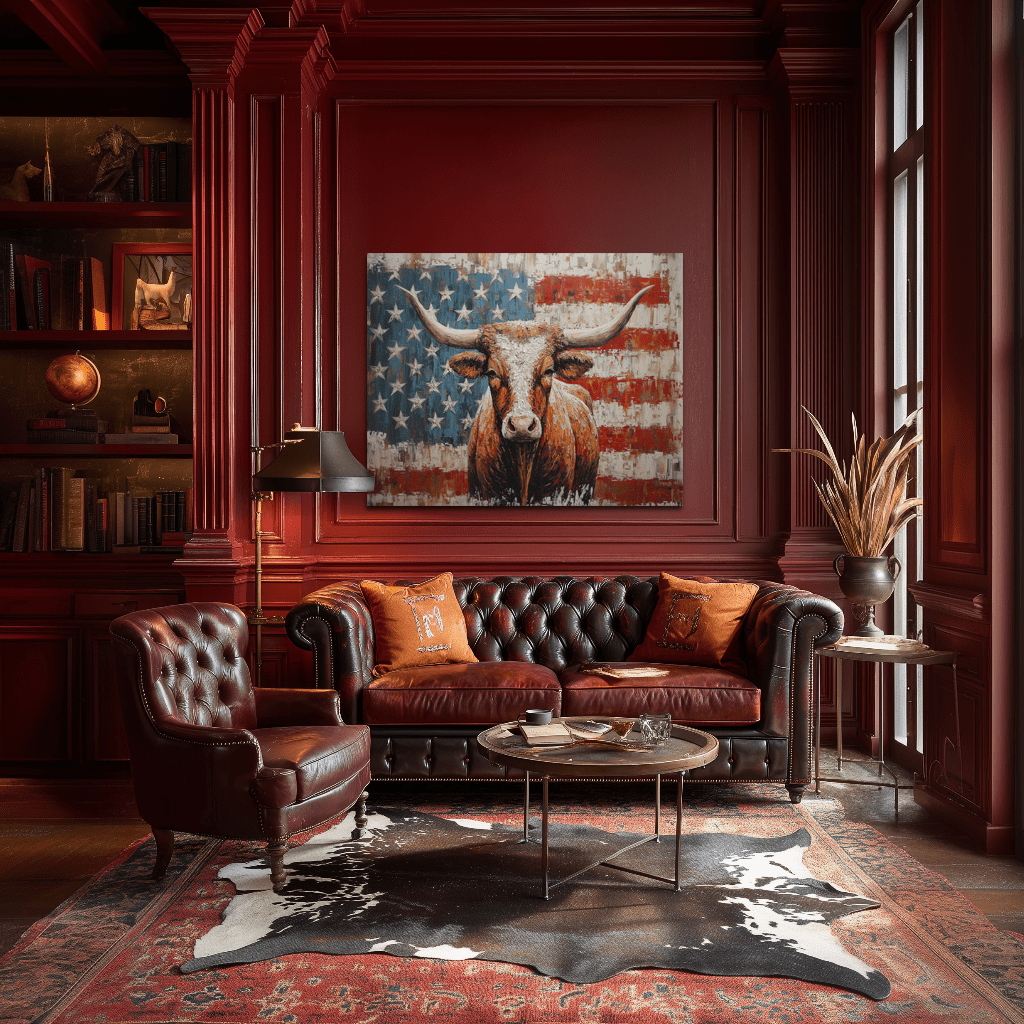 American Longhorn canvas hanging in a ranch home living room