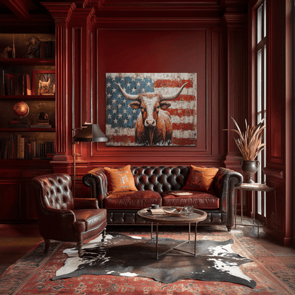 American Longhorn canvas hanging in a ranch home living room