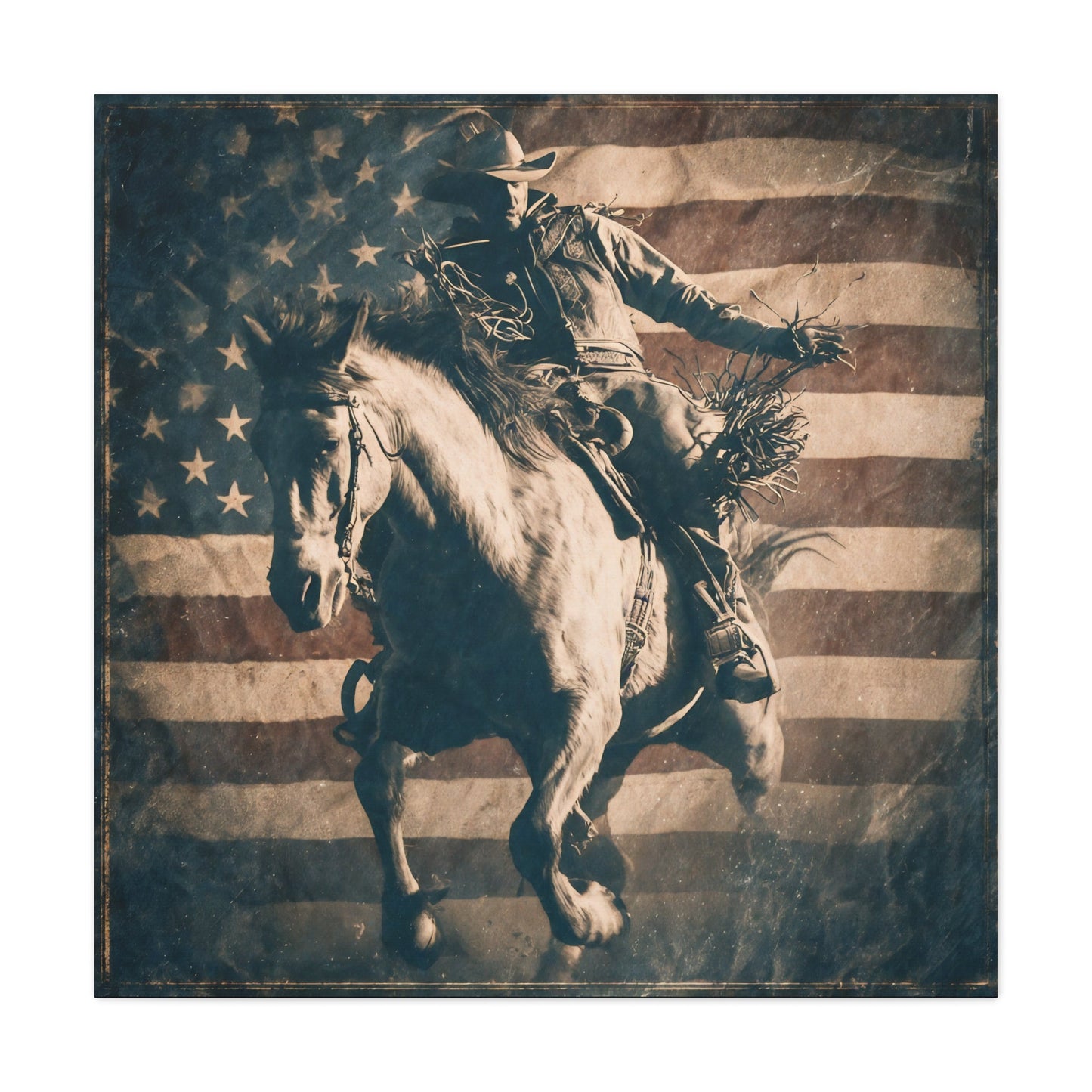 American Rodeo canvas — sepia bronc rider on weathered American flag, front view