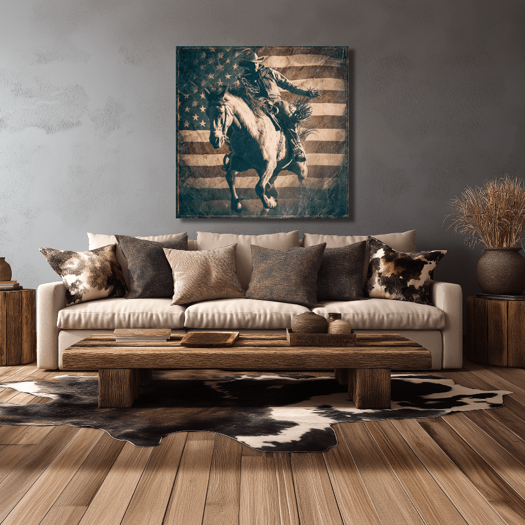 American Rodeo canvas hanging in a western ranch home