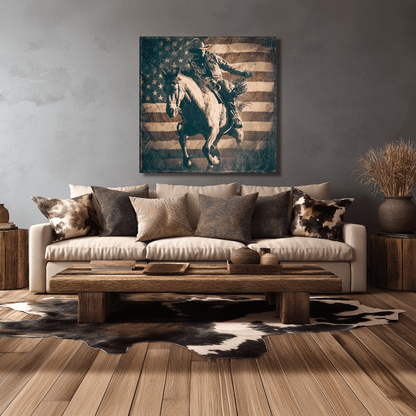 American Rodeo canvas hanging in a western ranch home