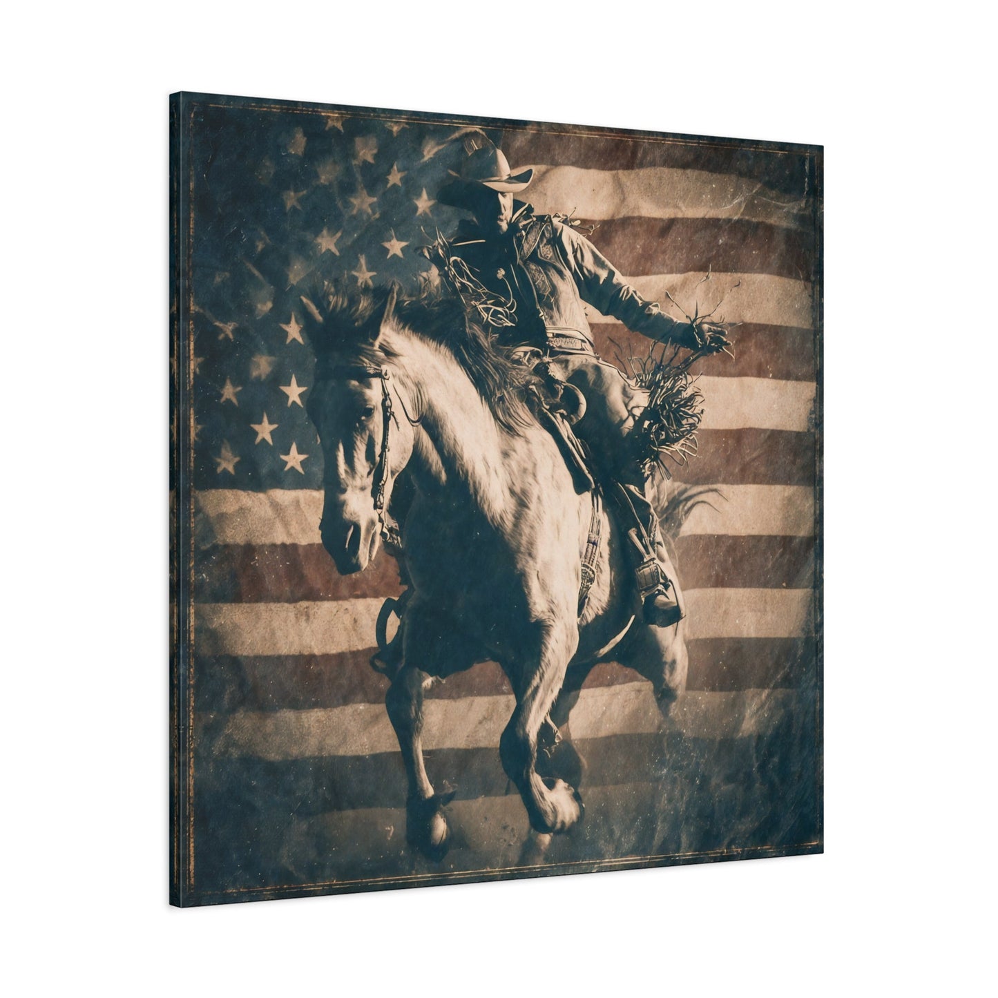 American Rodeo canvas — angled view showing vintage rodeo texture and patriotic backdrop
