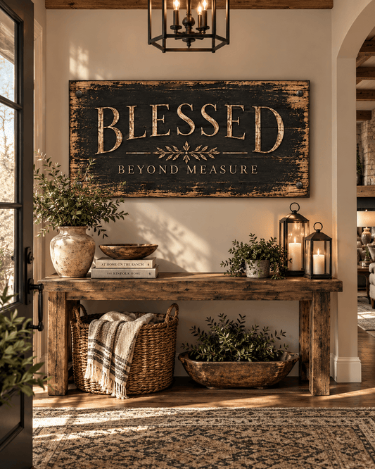 Blessed Beyond Measure canvas wall art on dark weathered wood above a console in a ranch entry