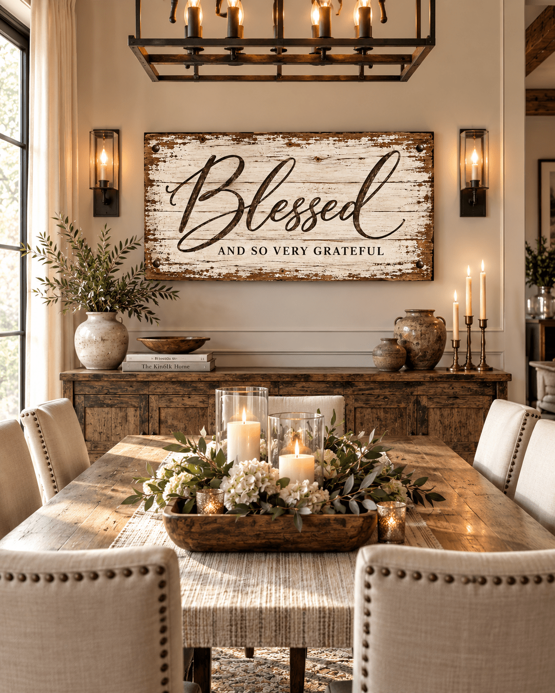 Blessed and So Very Grateful farmhouse canvas wall art above a dining table