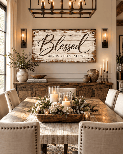 Blessed and So Very Grateful farmhouse canvas wall art above a dining table