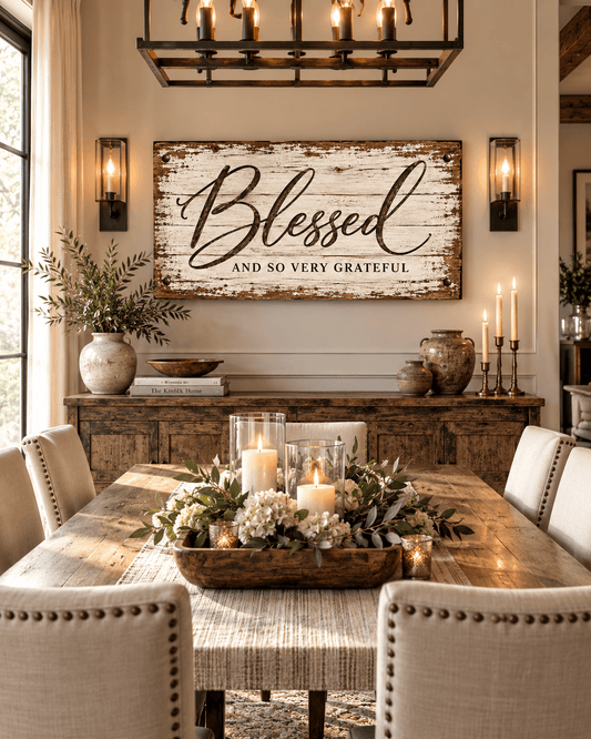 Blessed and So Very Grateful farmhouse canvas wall art above a dining table