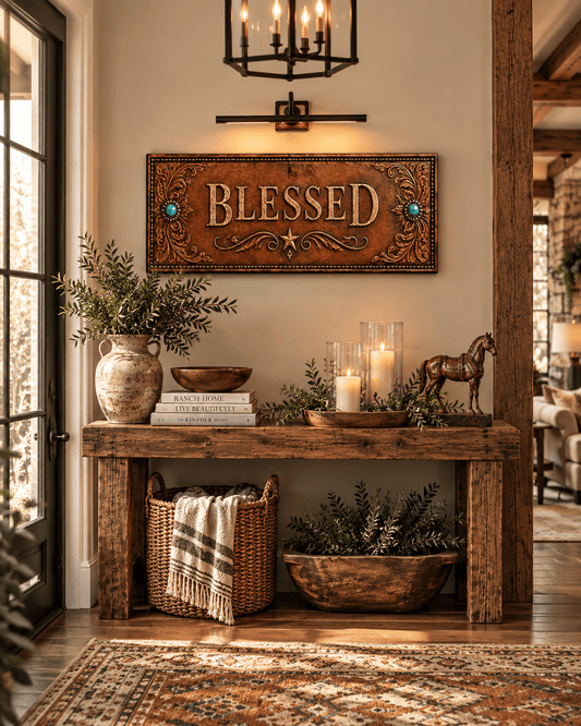 Blessed tooled leather panoramic canvas wall art above a rustic console table