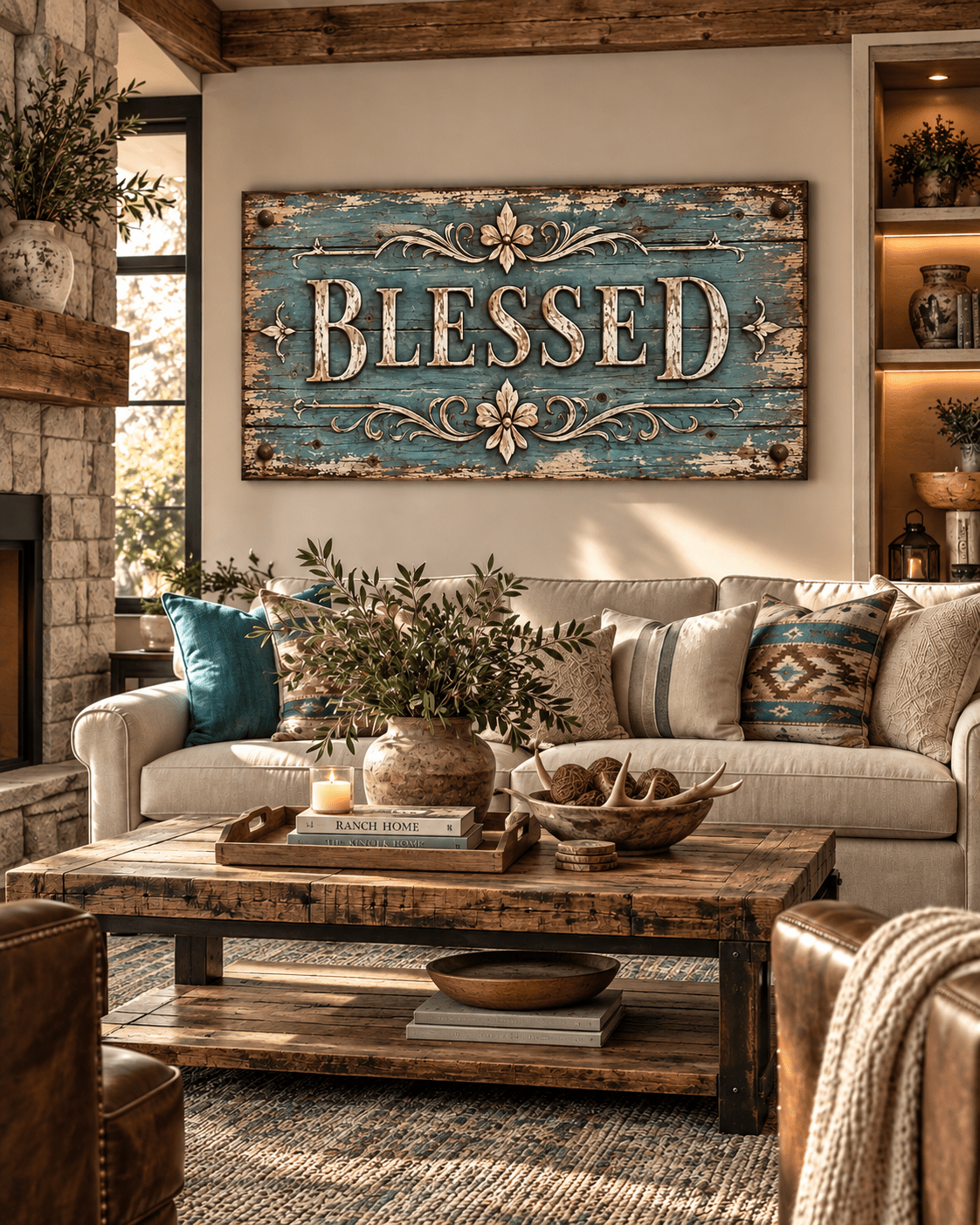 Blessed turquoise western canvas wall art above a sofa in a ranch living room
