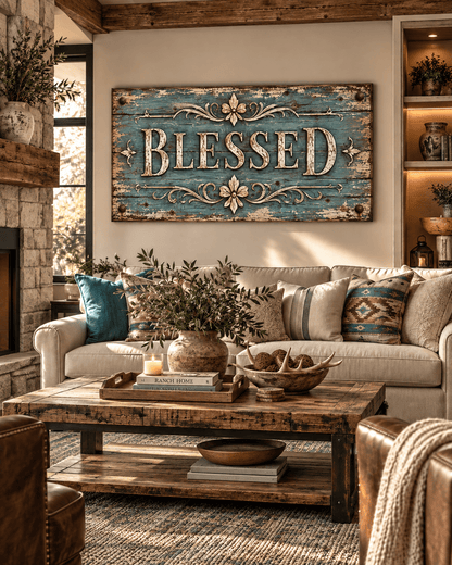 Blessed turquoise western canvas wall art above a sofa in a ranch living room