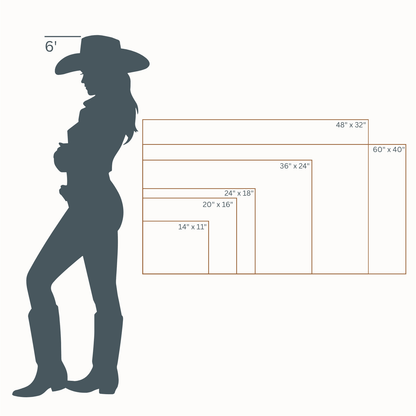 Canvas wall art size guide showing horizontal canvas sizes with a cowgirl for scale