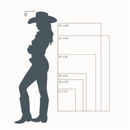 Canvas wall art size guide showing vertical canvas sizes with a cowgirl for scale