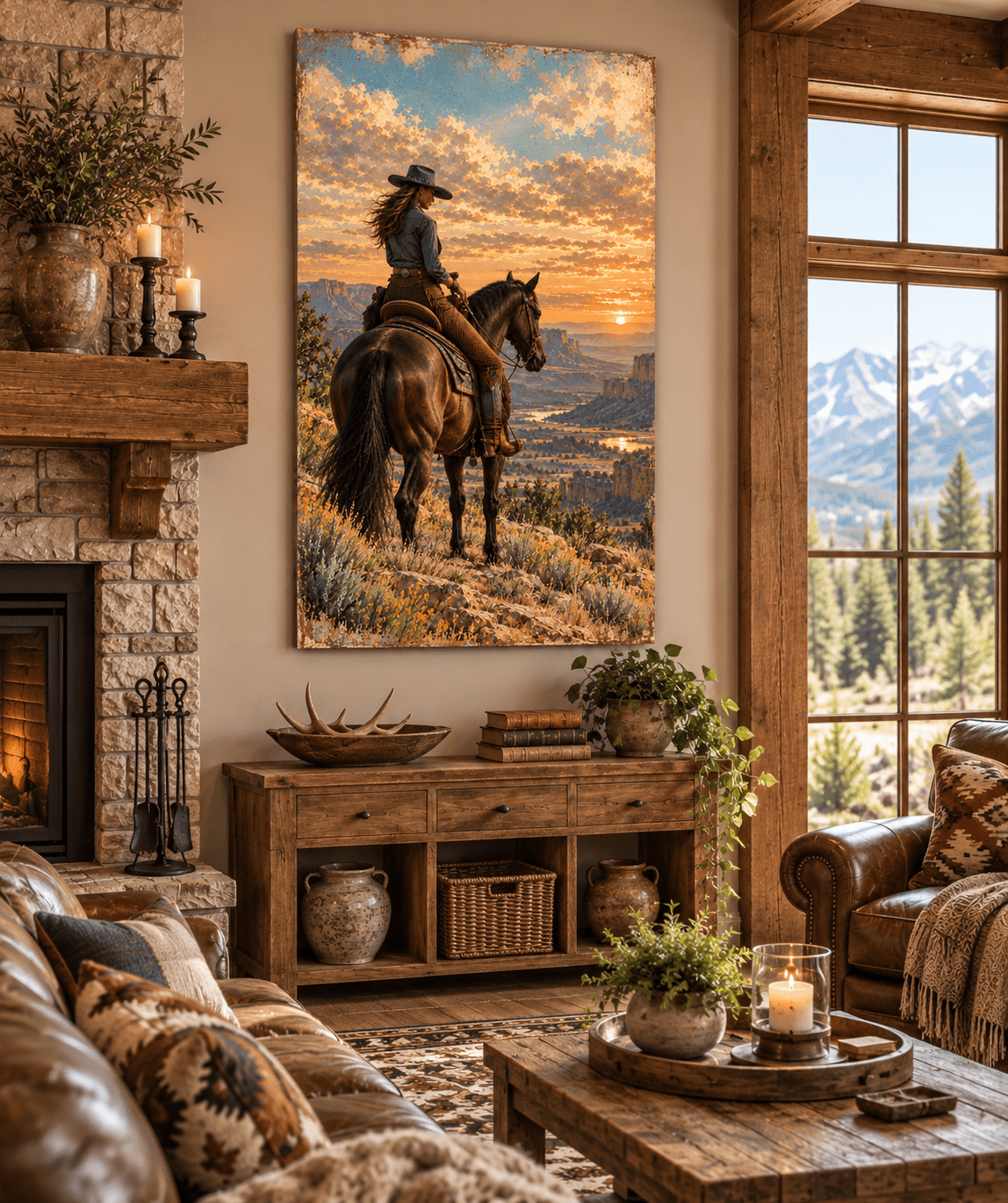 Chasing Daylight canvas — horse and rider paused above the valley as amber light washes across the mesas