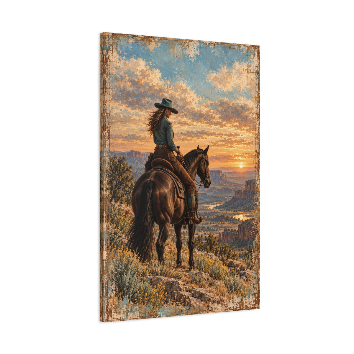 Chasing Daylight canvas — angled view showing painterly sunset texture and canvas depth