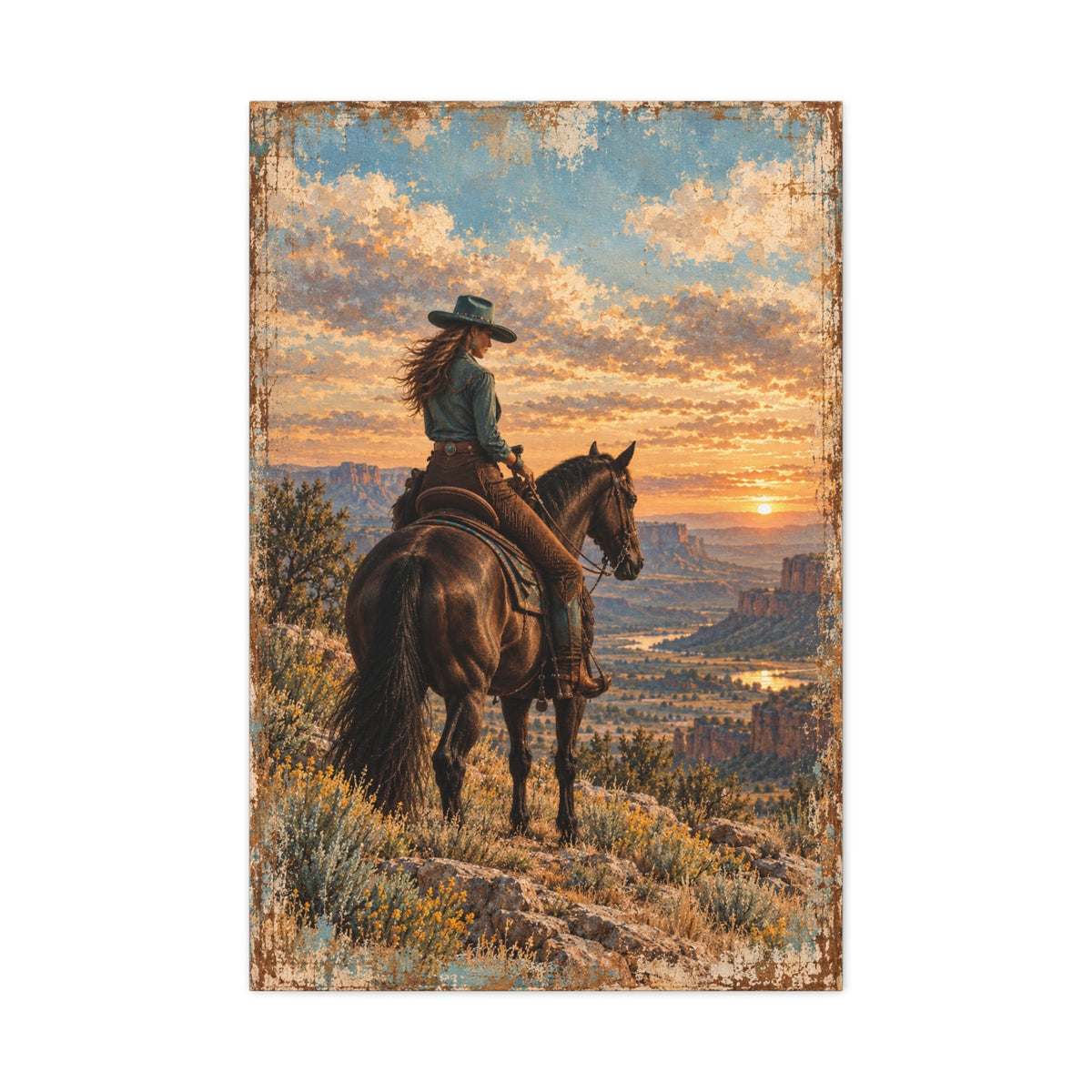 Chasing Daylight canvas — western sunset scene shown in a ranch home interior