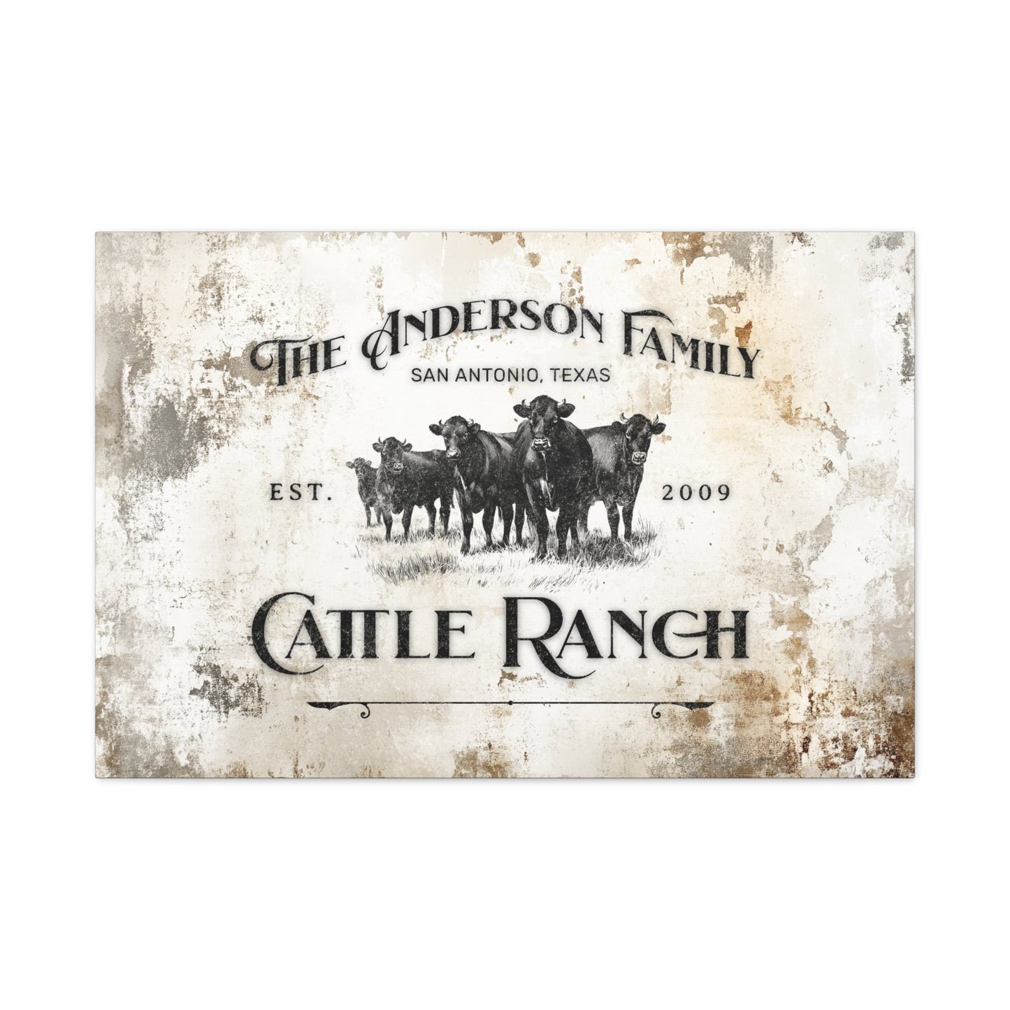 Custom Cattle Ranch Heritage Canvas — vintage cattle illustration with weathered farmhouse backdrop, front view