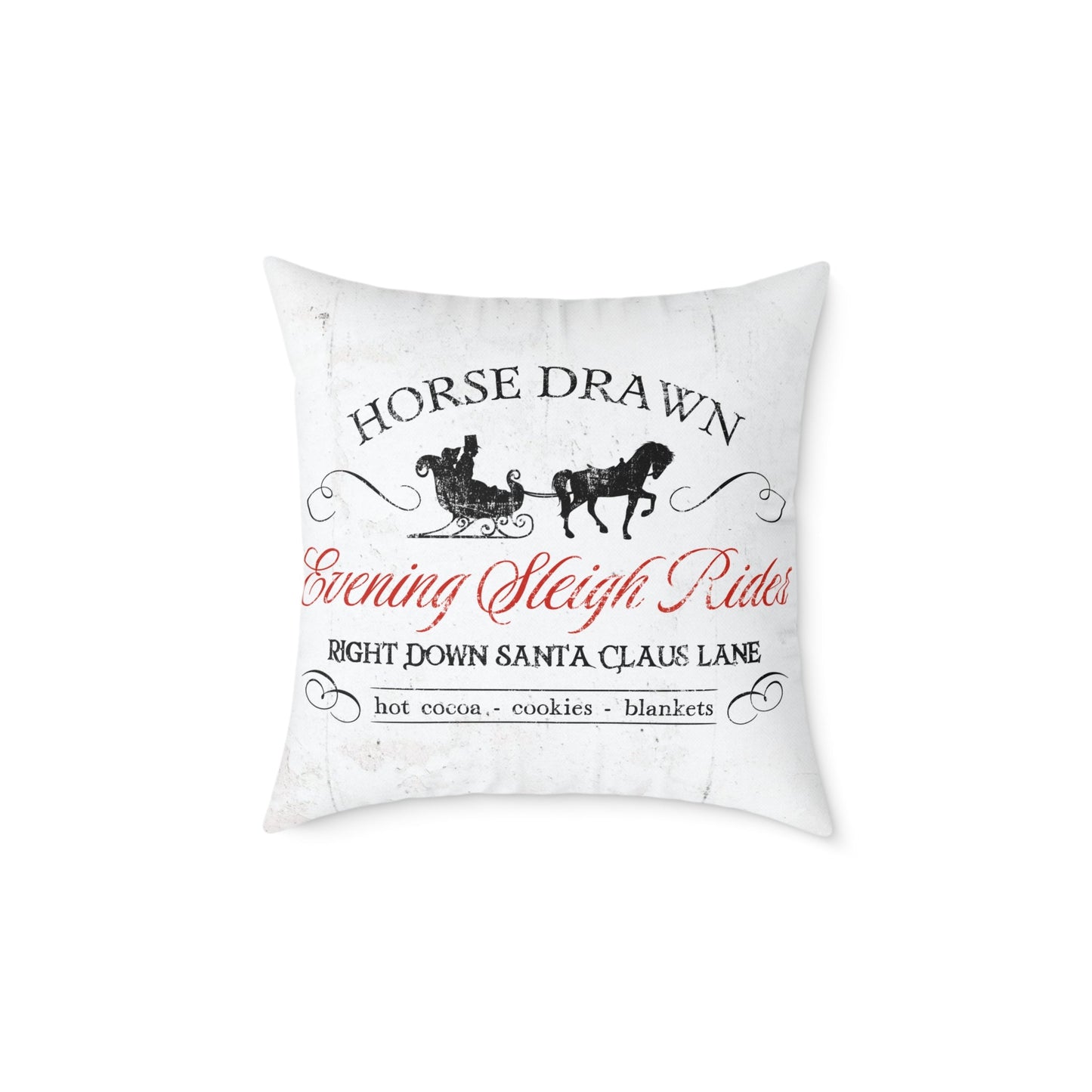 Evening sleigh rides canvas pillow with vintage horse-drawn sleigh and elegant script for farmhouse winter holiday decor