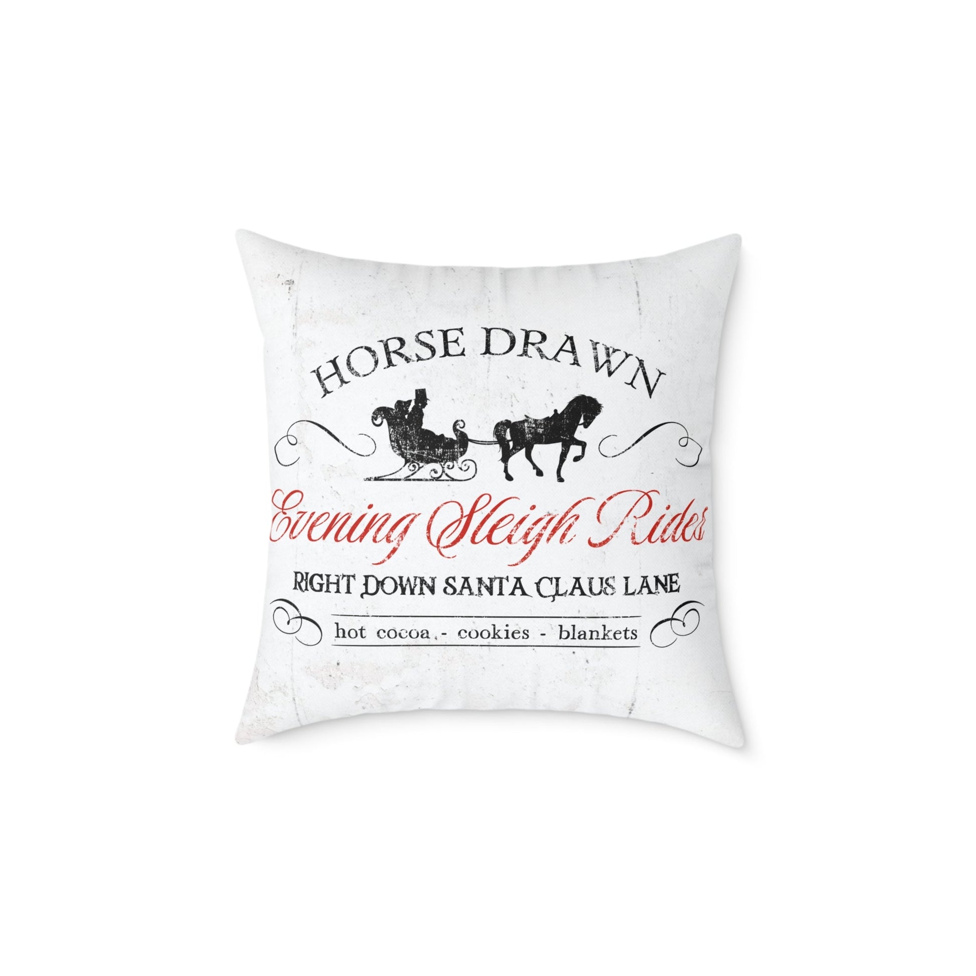 Evening sleigh rides canvas pillow with vintage horse-drawn sleigh and elegant script for farmhouse winter holiday decor