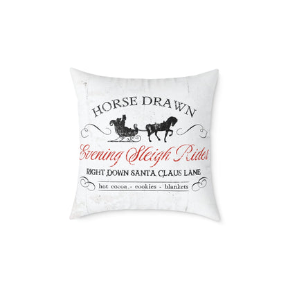Evening sleigh rides canvas pillow with vintage horse-drawn sleigh and elegant script for farmhouse winter holiday decor
