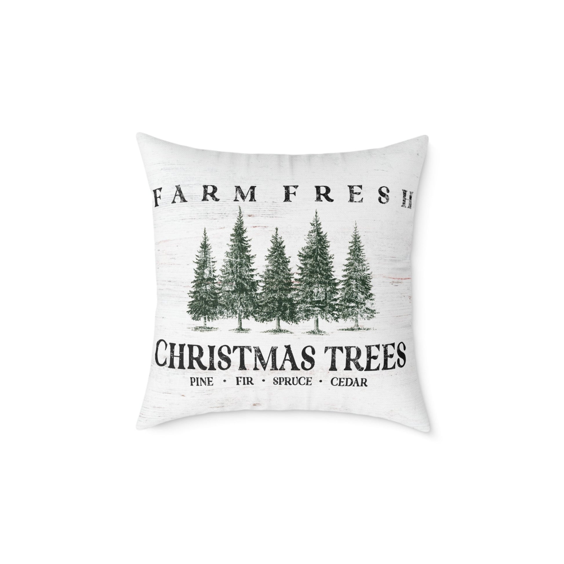 Farm fresh Christmas trees canvas pillow with evergreen pines in holiday green for farmhouse decor